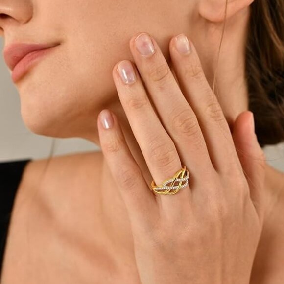 YL Celtic Knot Twisted Knot Ring Birthstone Infinity Rings - Zirconia - Gold - Picture 2 of 6